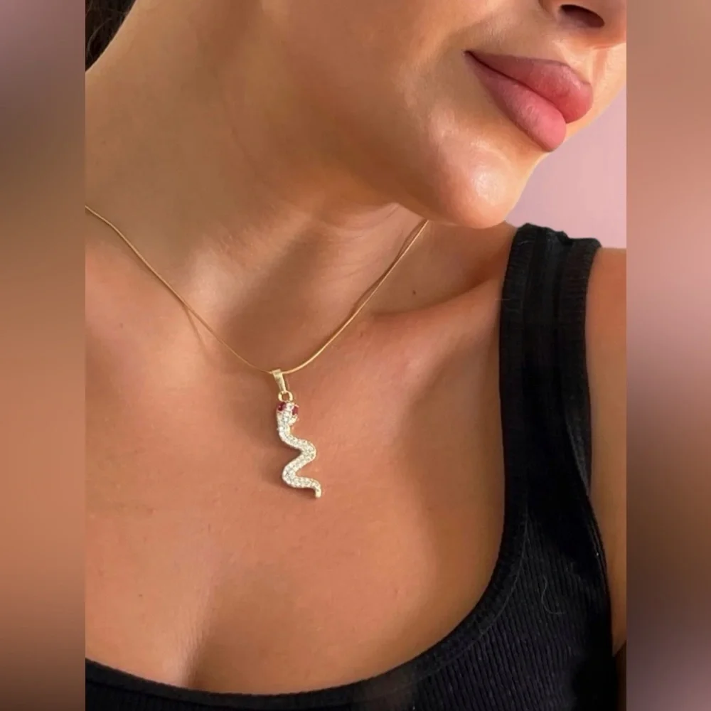 Snake Necklace | 14K Gold Plated | Pink & White CZ Stone